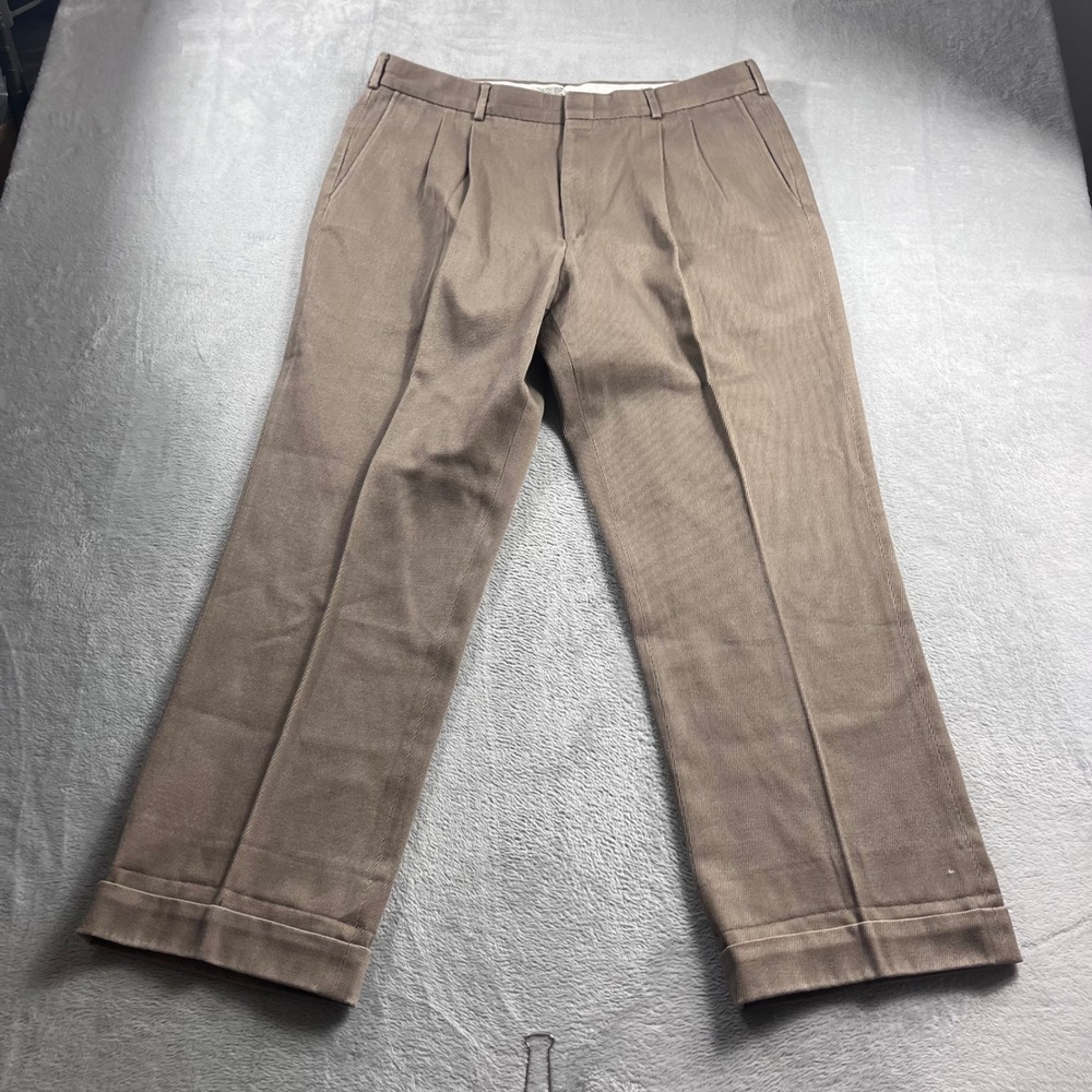 Orvis Mens Pleated Twill Trousers Brown Cuffed Made in USA 35x24.5